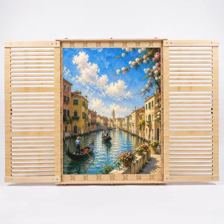 VENICE — Grand Canal Print on Natural Ash Wood Shutters | 48×60 cm Faux Window Wall Decor