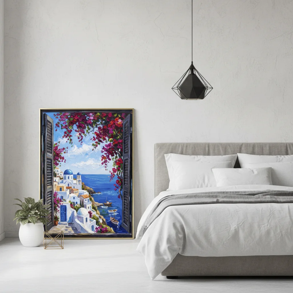 Greek Island White Village - Palette Knife Oil Painting Wall Art, Mediterranean Window View, Impasto Printable Home Decor