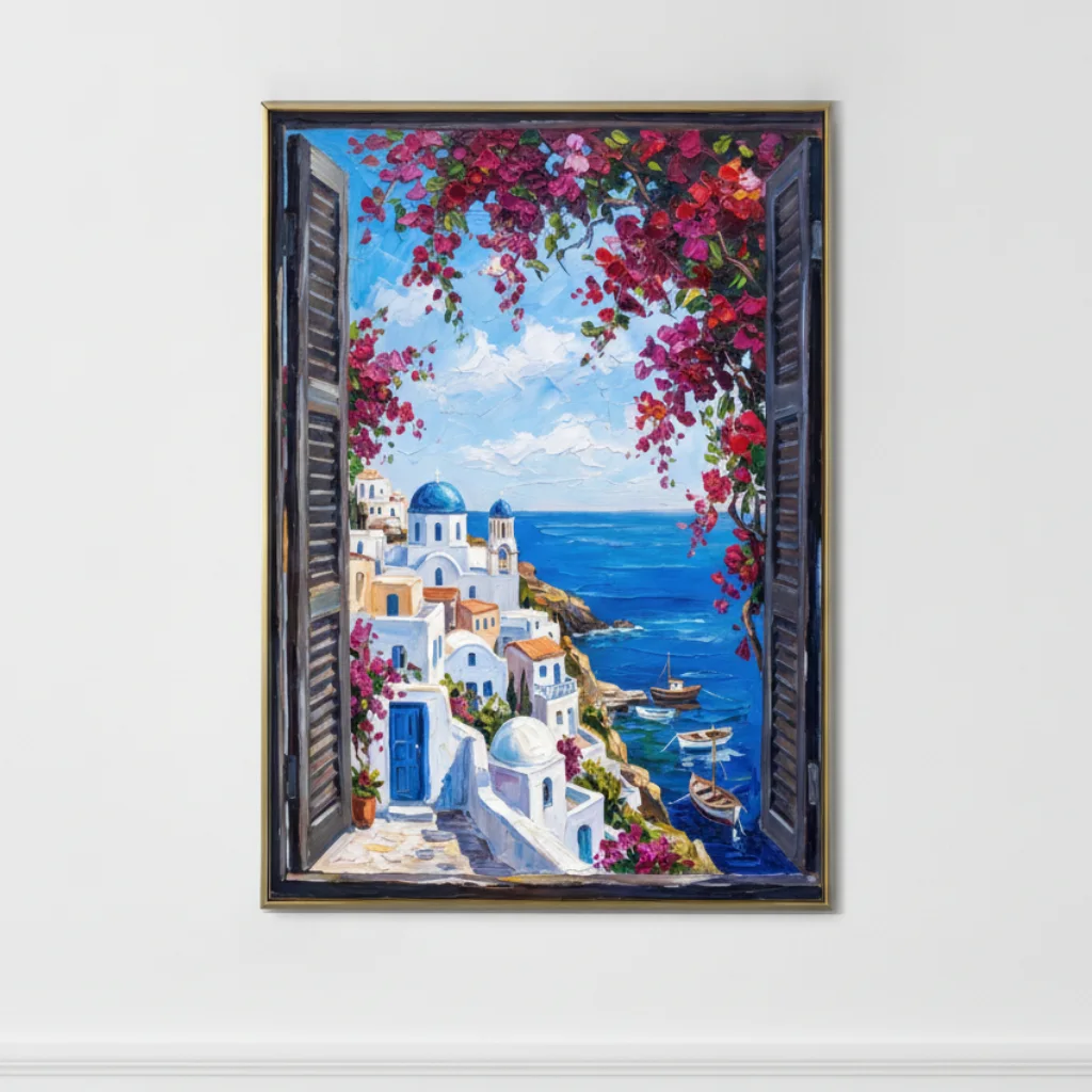 Greek Island White Village - Palette Knife Oil Painting Wall Art, Mediterranean Window View, Impasto Printable Home Decor