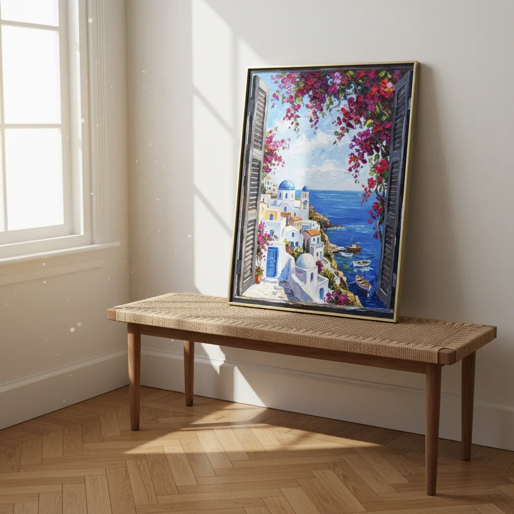 Greek Island White Village - Palette Knife Oil Painting Wall Art, Mediterranean Window View, Impasto Printable Home Decor