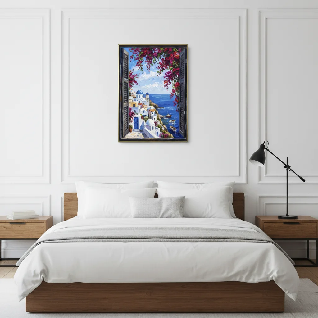 Greek Island White Village - Palette Knife Oil Painting Wall Art, Mediterranean Window View, Impasto Printable Home Decor