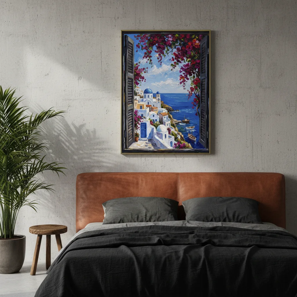Greek Island White Village - Palette Knife Oil Painting Wall Art, Mediterranean Window View, Impasto Printable Home Decor