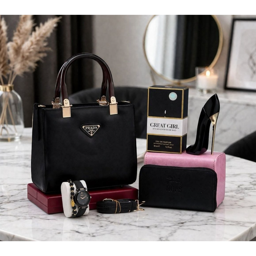 صاك PRADA الأكثر طلبا + باك هدايا فخم 🎁 ( عطر فاخر + ساعة أنيقة + محفظة نقود) بثمن مميز و عرض محدود