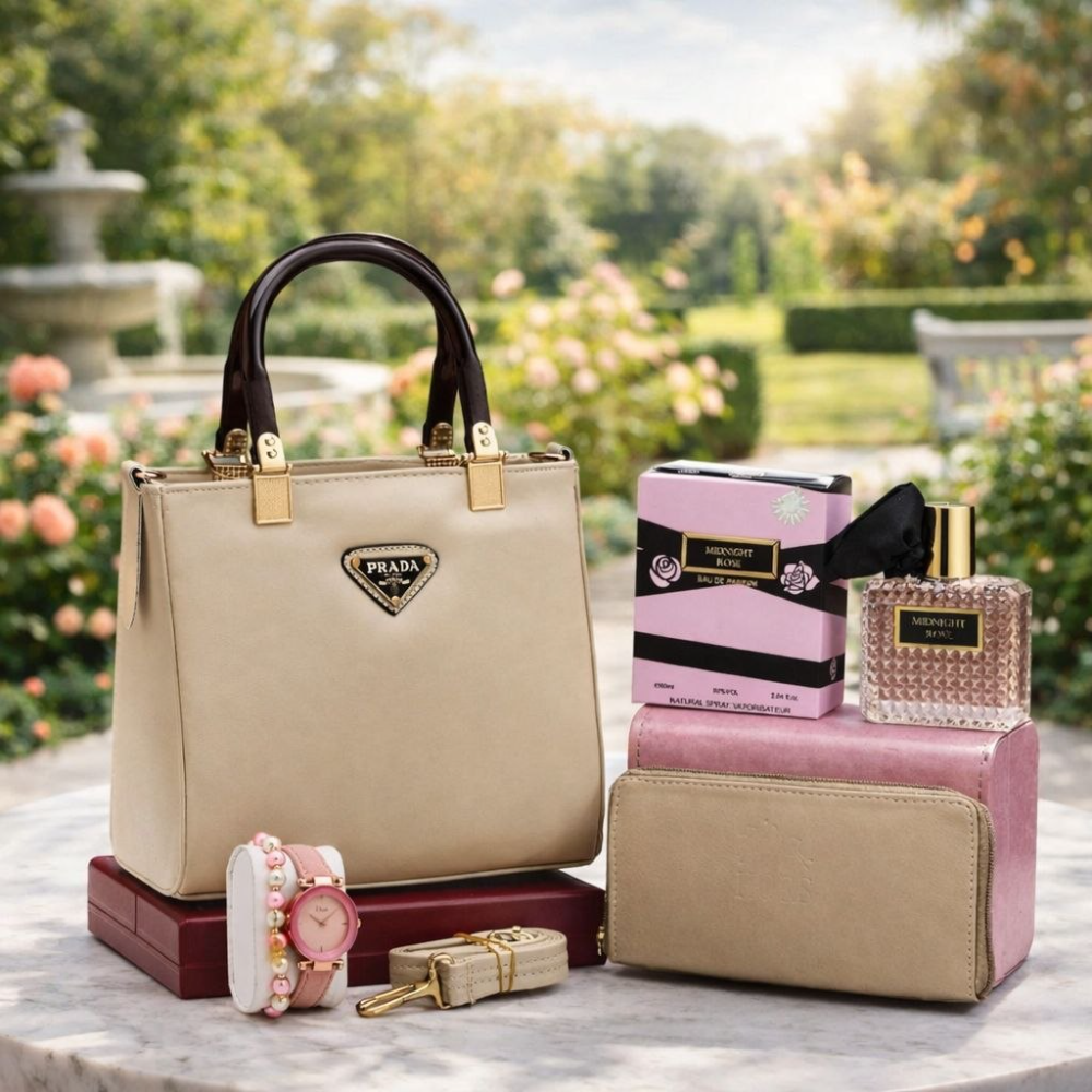 صاك PRADA الأكثر طلبا + باك هدايا فخم 🎁 ( عطر فاخر + ساعة أنيقة + محفظة نقود) بثمن مميز و عرض محدود