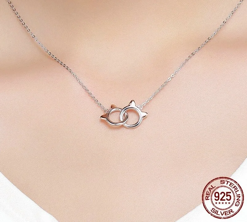 Cat Link Pendant Necklace For Women Real 925 Sterling Silver