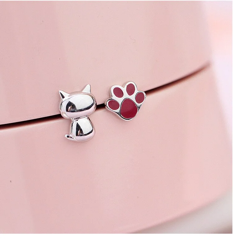 Adorable Cat & Paw Stud Earring (925 Silver)