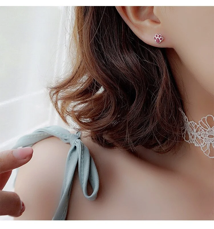 Adorable Cat & Paw Stud Earring (925 Silver)