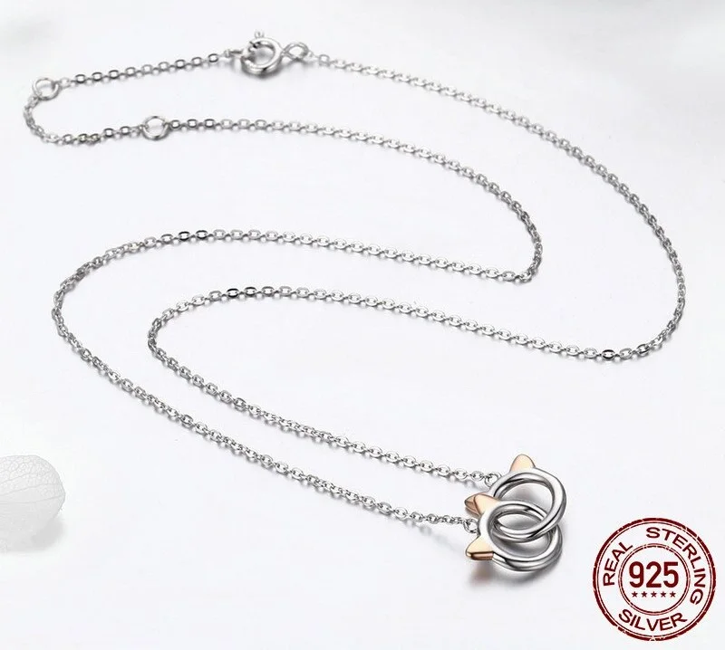 Cat Link Pendant Necklace For Women Real 925 Sterling Silver