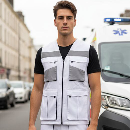 GILET 04 POCHES BLANC AVEC BANDE