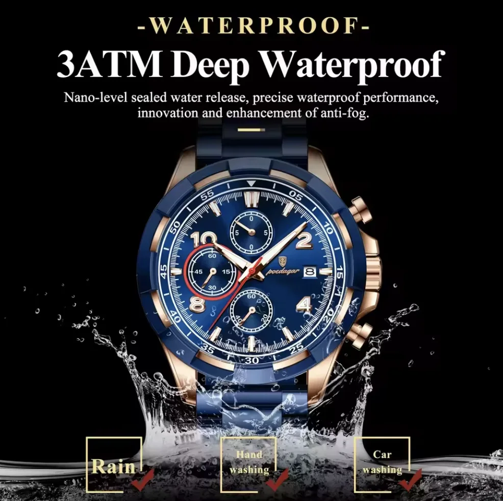 ساعة رجالية فخمة ومقاومة للماء