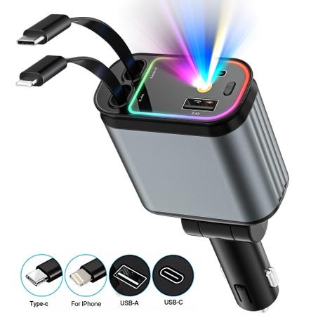 Chargeur de voiture rétractable allume-cigare, Adaptateur USB C rapide 66 W pour téléphone, double câble et 2 ports
