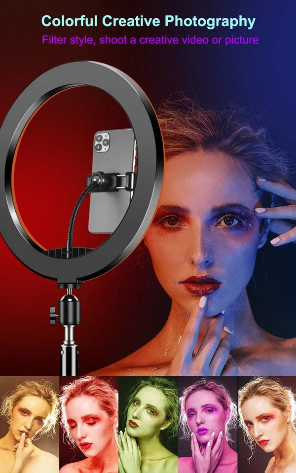MJ33 RGB LED Soft Ring Light 33CM avec trépied et support de téléphone