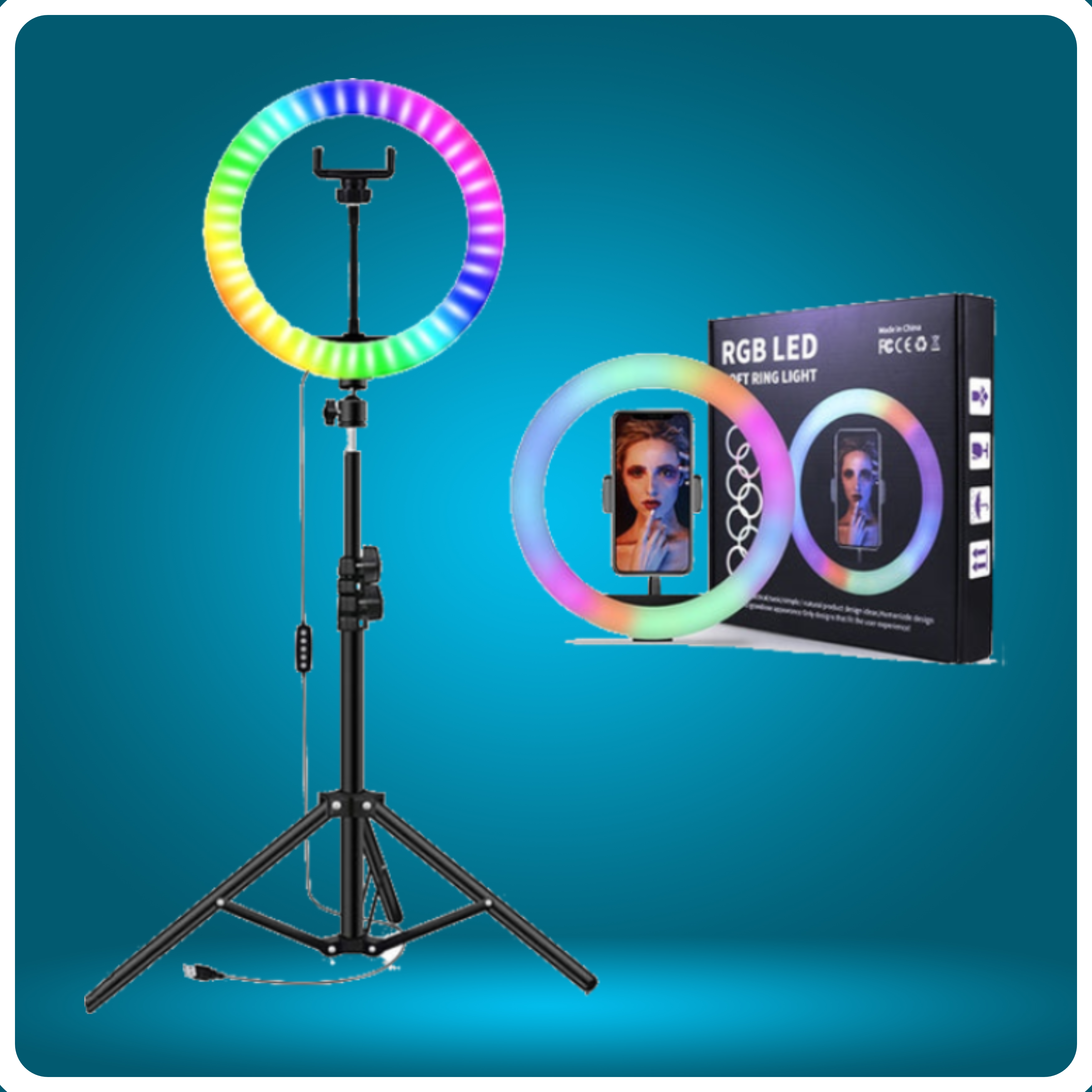 MJ33 RGB LED Soft Ring Light 33CM avec trépied et support de téléphone