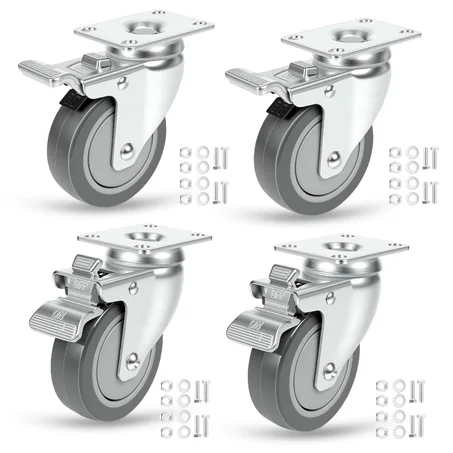 Juego de 4 ruedas giratorias de 4 pulgadas, ruedas de poliuretano gris resistentes con freno de aluminio, rotación de 360 grados, rodamientos de acero dobles, capacidad de 1100 libras