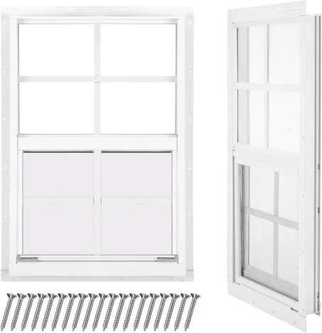 Tandefio Paquete de 2 ventanas de cobertizo blanco de 14 x 21 pulgadas, ventanas corredizas con vidrio templado y pantalla para el hogar con deslizador y tornillos para cobertizo, garaje, gal