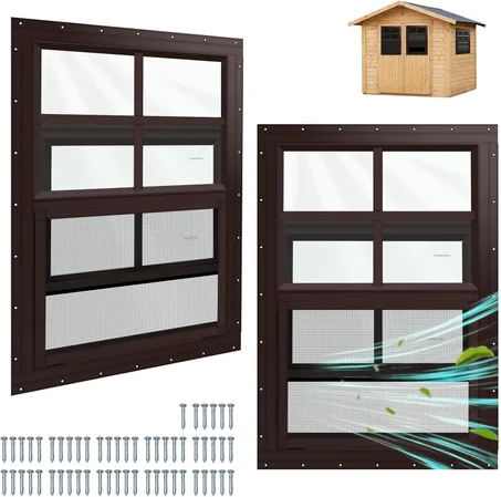 Paquete de 2 ventanas de montaje empotrado con vidrio templado para cobertizos, gallineros, garaje y casa de juegos (marrón, 24 x 27 pulgadas)