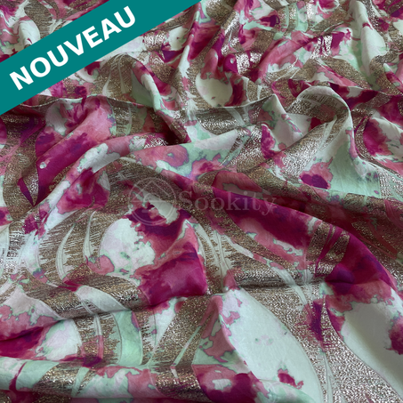 Tlija imprimée - Pétales en Fuschia vert eau argenté doré