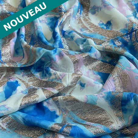 Tlija imprimée - Pétales en Bleu rose dragée argenté doré