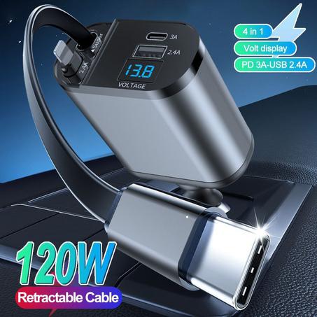 شاحن سيارة 4 في 1 بقوة 120 واط 🔌⚡ مع كابلات قابلة للسحب + منفذين متوافق مع آيفون وأندرويد
