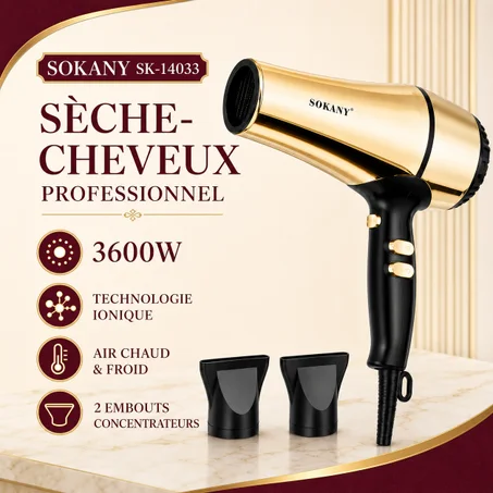 Sèche-Cheveux Professionnel SOKANY Original 3600W – Séchage Ultra-Rapide avec Technologie Ionique
