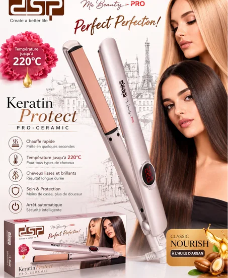 Lisseur Professionnel DSP Keratin Protect Pro-Ceramic Original – Écran LED, 220°C, Huile d'Argan