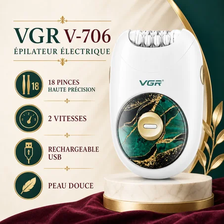 Épilateur Électrique VGR V-706 Rechargeable – 18 Pinces Haute Précision | USB | 2 Vitesses