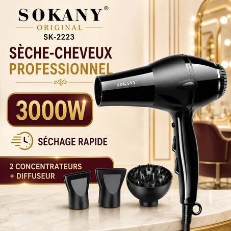 Sèche-Cheveux Professionnel SOKANY Original 3000W – Séchage Rapide avec Diffuseur et Embouts Concentrateurs