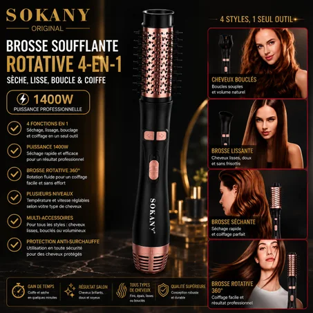 Brosse Soufflante Rotative 4-en-1 SOKANY Original 1400W – Sèche, Lisse, Boucle & Coiffe