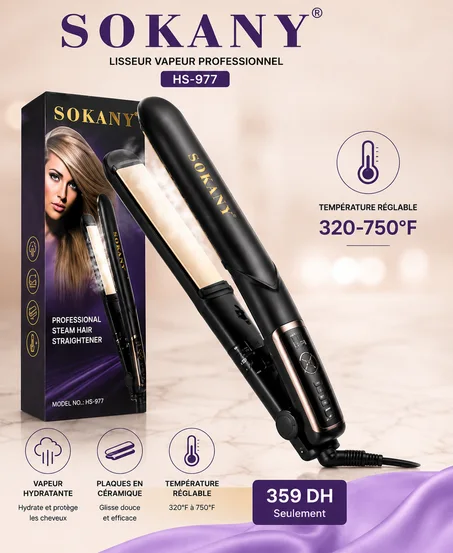 Lisseur Vapeur Professionnel SOKANY HS-977 – Plaques Céramique, Température Réglable 320°F à 750°F