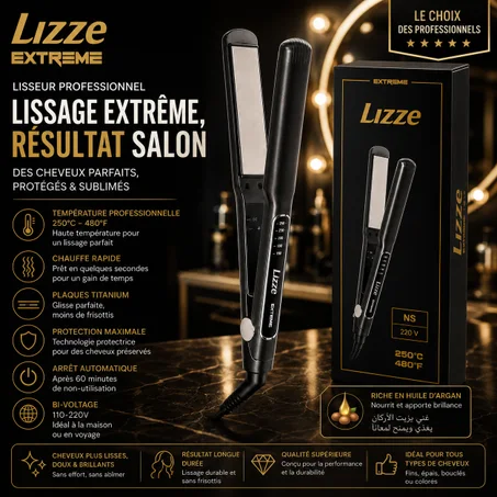 Lisseur Professionnel Lizze Extreme Original – Plaques Titanium, Jusqu'à 250°C, Écran LED