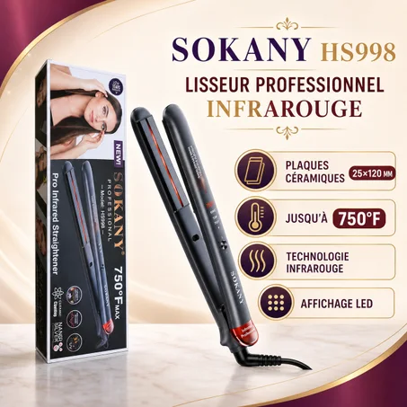 Lisseur Professionnel Infrarouge SOKANY HS998 – Plaques Céramique 25×120 mm – Jusqu'à 750°F