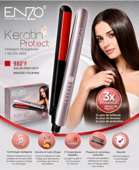 Lisseur Professionnel ENZO Keratin Protect Original – Plaques Céramiques, Kératine & Huile d’Argan, Jusqu’à 980°F