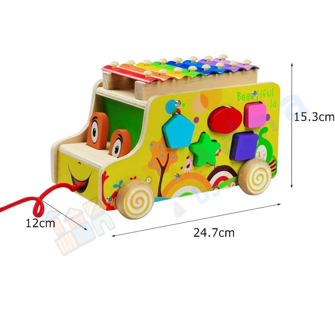 Xylophone Trolley Montessori en bois – Jouet éducatif 3 en 1 avec formes, musique et ficelle à tirer