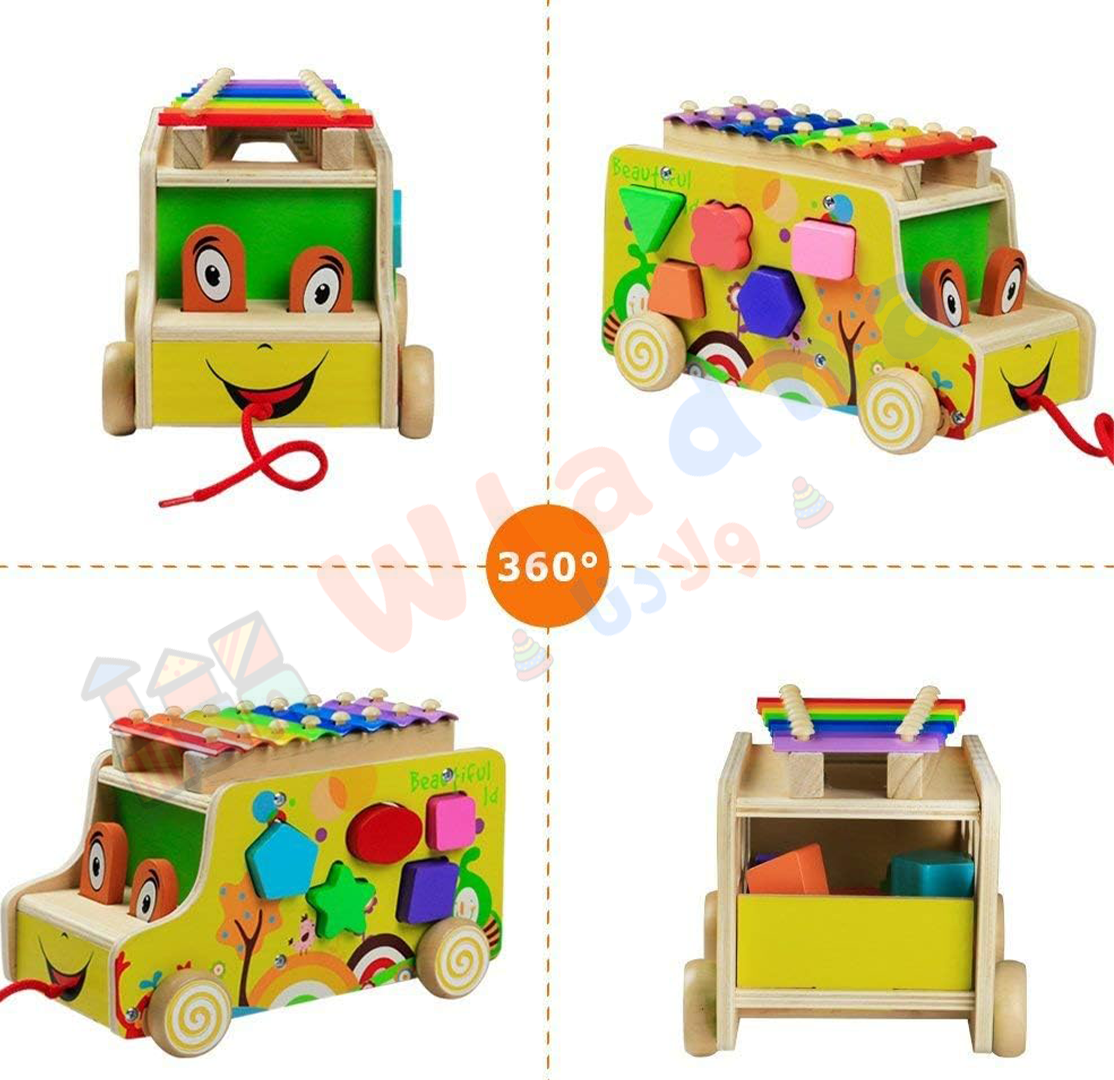 Xylophone Trolley Montessori en bois – Jouet éducatif 3 en 1 avec formes, musique et ficelle à tirer