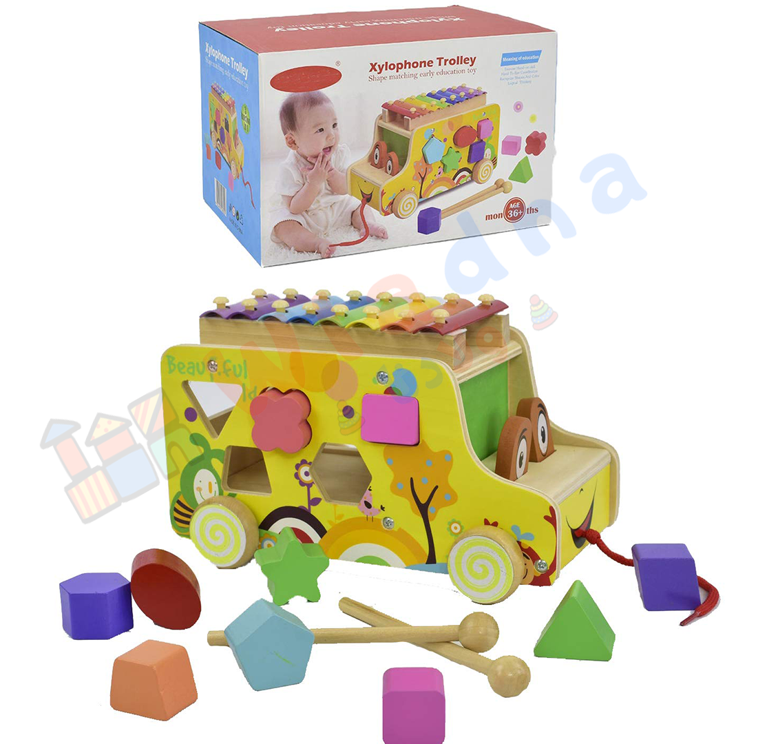 Xylophone Trolley Montessori en bois – Jouet éducatif 3 en 1 avec formes, musique et ficelle à tirer