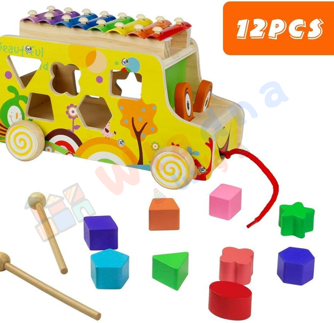 Xylophone Trolley Montessori en bois – Jouet éducatif 3 en 1 avec formes, musique et ficelle à tirer