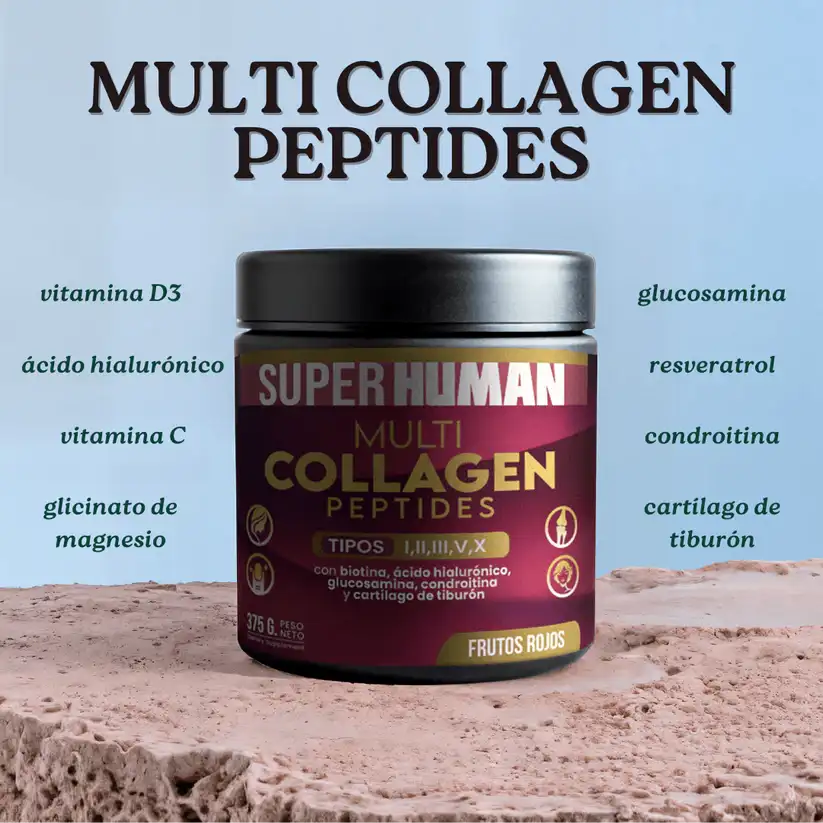 Multi Collagen Peptides™ - Colágeno Hidrolizado en Polvo Tipo I, II, III, V y X con Glucosamina, Biotina, Condroitina y Cartílago de Tiburón, para Piel, Articulaciones y Huesos, 100% Puro y N