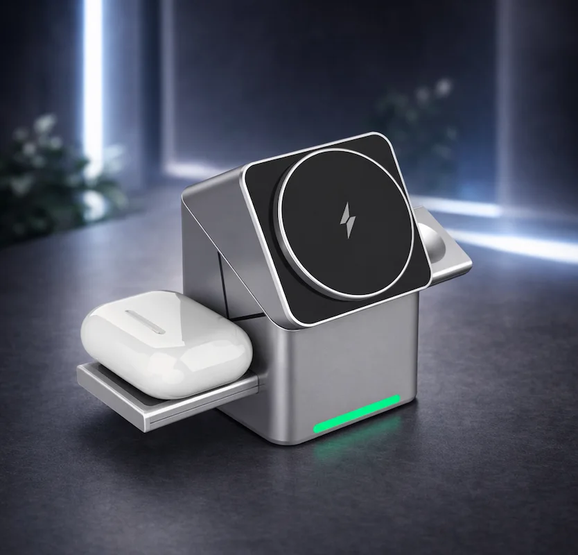 قاعدة شحن لاسلكية 3 في 1 – شحن سريع ومنظم لكل أجهزتك