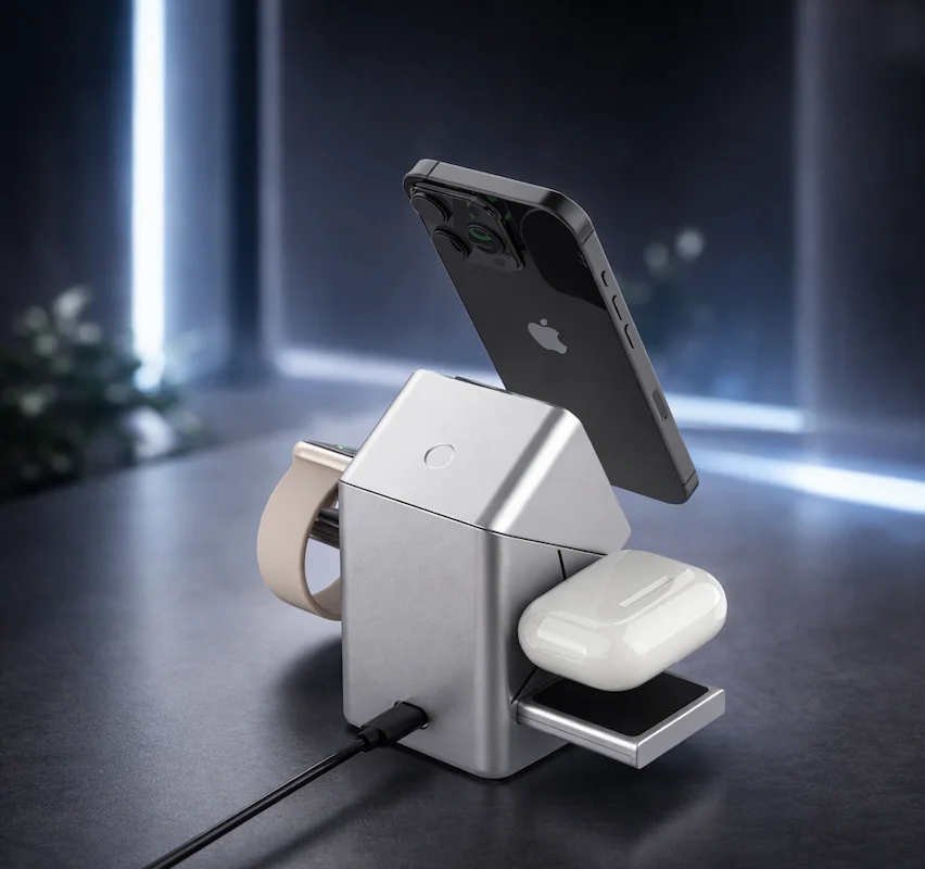 قاعدة شحن لاسلكية 3 في 1 – شحن سريع ومنظم لكل أجهزتك