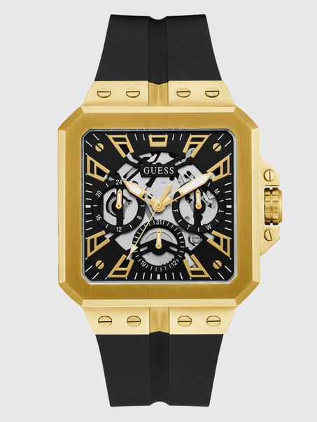GUESS Mens Black Gold Tone Multi-function Watch