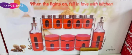 علبة توابل INOX + موزع زيت معدنى + حامل -10 قطع-احمر