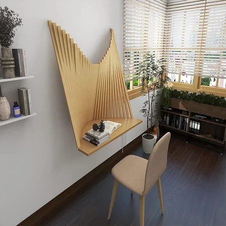 طاولة حائط خشبية بتصميم فني عصري - موفرة للمساحة وعملية للمكتب أو الديكور