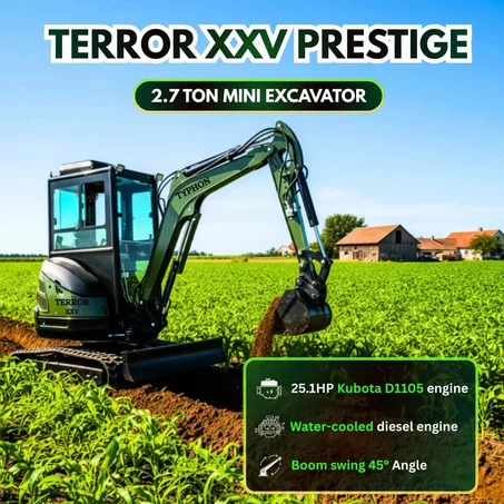 TYPHON TERROR XXV Diesel Mini Excavator 2.7 Ton, 25.1 hp Kubota D1105 RetractableTracks, AC Cabin