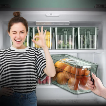 عرض خاص (4 قطعة) منظم ثلاجة مع غطاء مؤقت للنضارة، صناديق تنظيم للثلاجة قابلة للتكديس مع مقبض امامي وصينية تصريف، صناديق تخزين بلاستيكية شفافة خالية من البيسفينول للمطبخ والمخزن والثلاجة