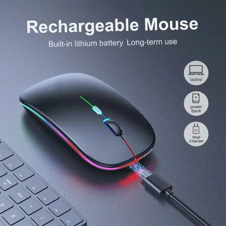 ماوس لاسلكي Bluetooth قابل للشحن بإضاءة RGB – صامت وأنيق