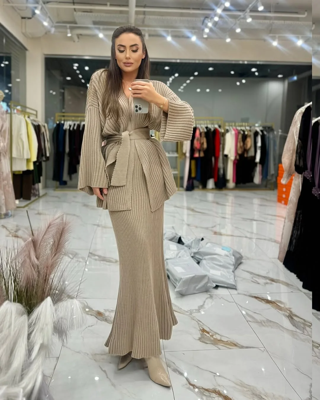 Ensemble Jupe & Cardigan en Maille Côtelée