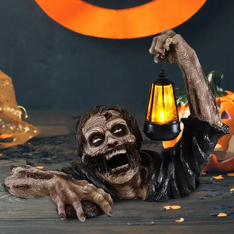 Halloween Crawling Lantern Zombie Statue with LED Light Resin