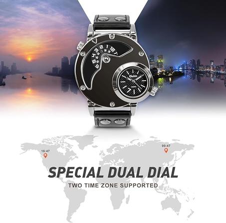 ساعة من ازوني تناظرية للرجال بمينا أسود بسوار جلدي بتصميم رائع وميزات إضافية