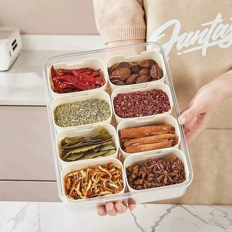 علبة تنظيم وحفظ التوابل متعددة الأقسام
