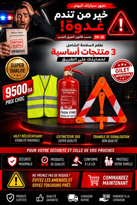 طقم السلامة الشامل لكل المركبات (سترة عاكسة + طفاية حريق2كغ + مثلث الطوارئ)